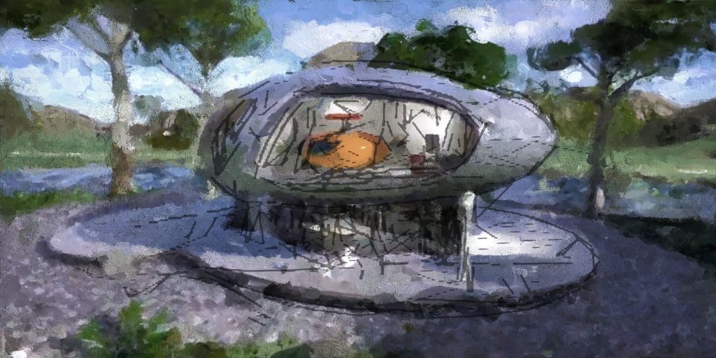 a hazily sketched retro-futuristic building. it is oblong or pod-shaped and situated within a green outdoor space with trees and blue skies