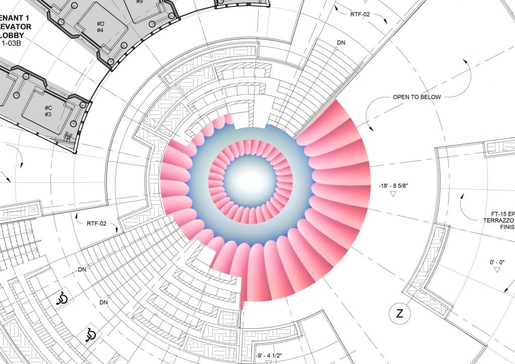 Architectural drawing of rotunda with expanded Through the Flower floor design inserted.