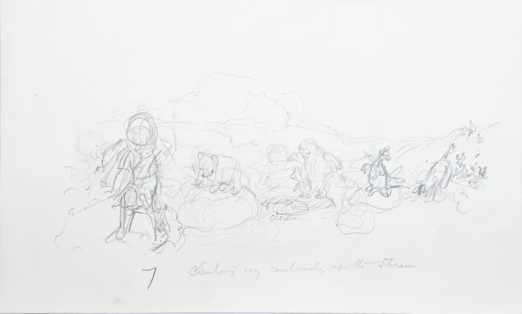 a sketch of a boy followed by animals on white paper