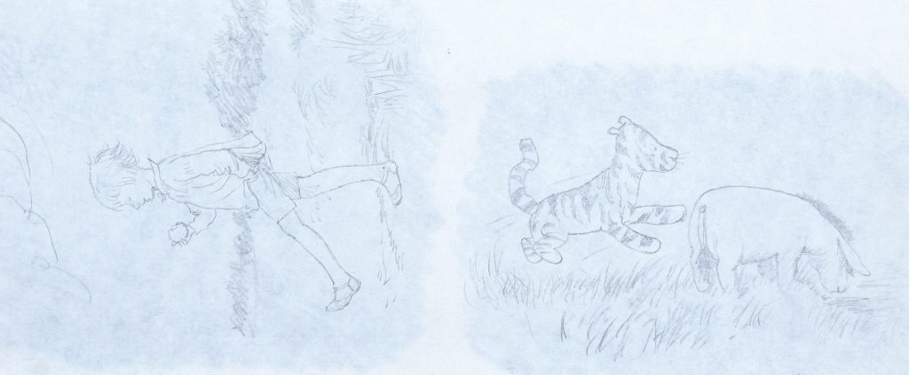 two drawings of children book characters on bluish paper
