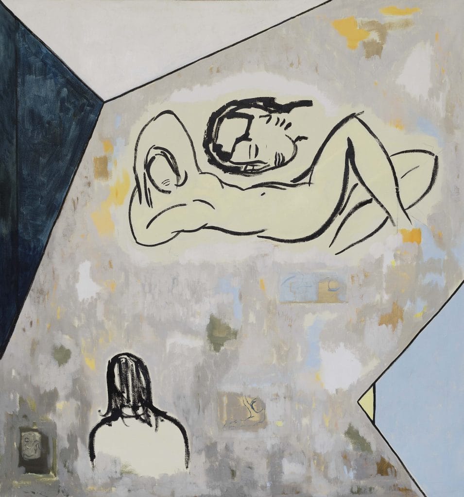 An abstract painting by Cathalijn Wouters with a muted, textured background in gray, cream, and pale tones. Bold black line drawings depict a reclining nude figure across the upper portion, while a smaller, simplified figure with long hair appears below. Angular geometric shapes frame the composition at the edges, adding contrast to the soft, layered surface.