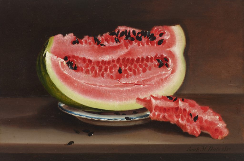 A Sarah Miriam Peale still life painting of a large slice of watermelon with bright pink flesh and black seeds resting on a small plate, with a partially eaten piece placed beside it on a tabletop against a dark background