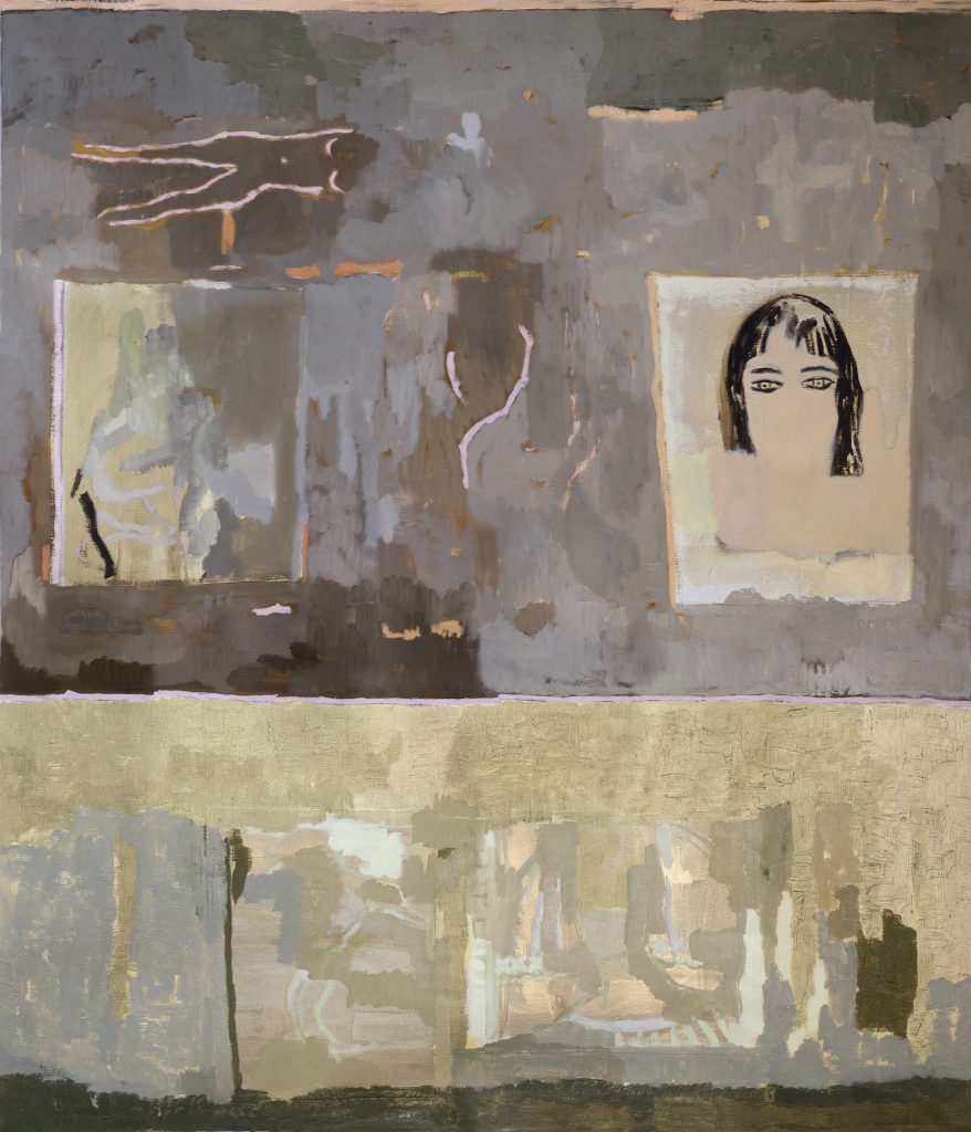 An abstract, textured painting by Cathalijn Wouters in muted gray, brown, and beige tones with layered brushstrokes and soft color transitions. Two framed, portrait-like images appear in the upper half: one loosely rendered and indistinct, the other showing a simplified face with dark hair and defined eyes. The lower portion features blurred, horizontal bands and faint shapes, creating a reflective, atmospheric composition.