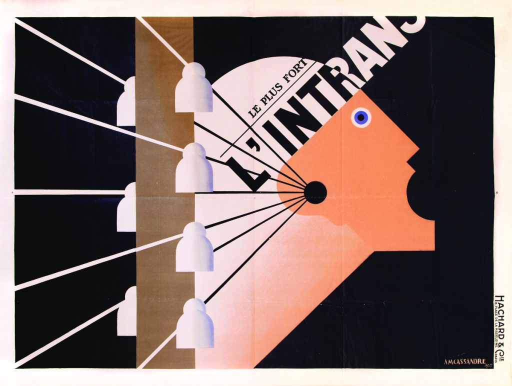 Art Deco poster featuring a stylized profile of a shouting figure with radiating lines and bold geometric text elements.