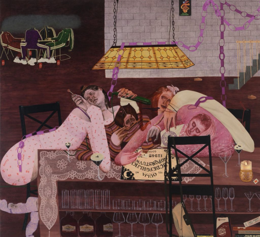 A painting of several pale-skinned women slumped together around a wooden table in a bar setting, surrounded by martini glasses and bottles, with purple paper chains draped across the scene and a large hanging stained-glass lamp overhead.