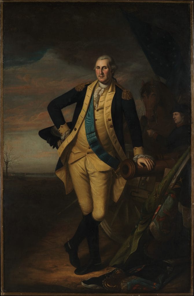 a painting of a middle-aged white man in an 18th-century military uniform standing confidently beside a cannon, with a horse and a soldier in the background, set against a dark, dramatic sky