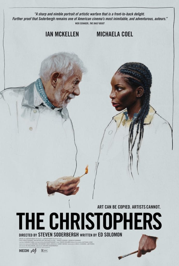 Illustrated poster for The Christophers showing two actors facing each other, one holding lit match, with film title text above