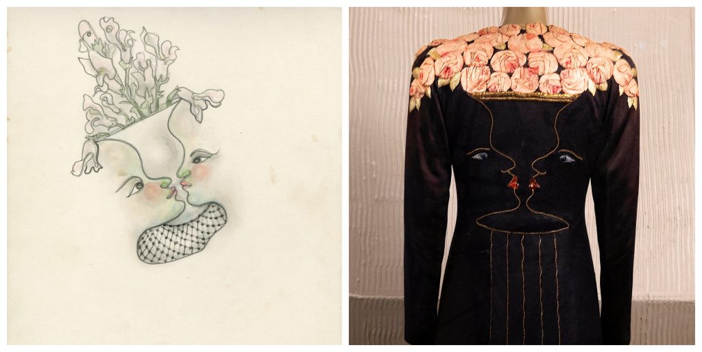 two images side by side, on the left is a drawing of two outlined faces in profile mirrored and facing each other, on the right a version of that same design decorates the back of a black jacket 