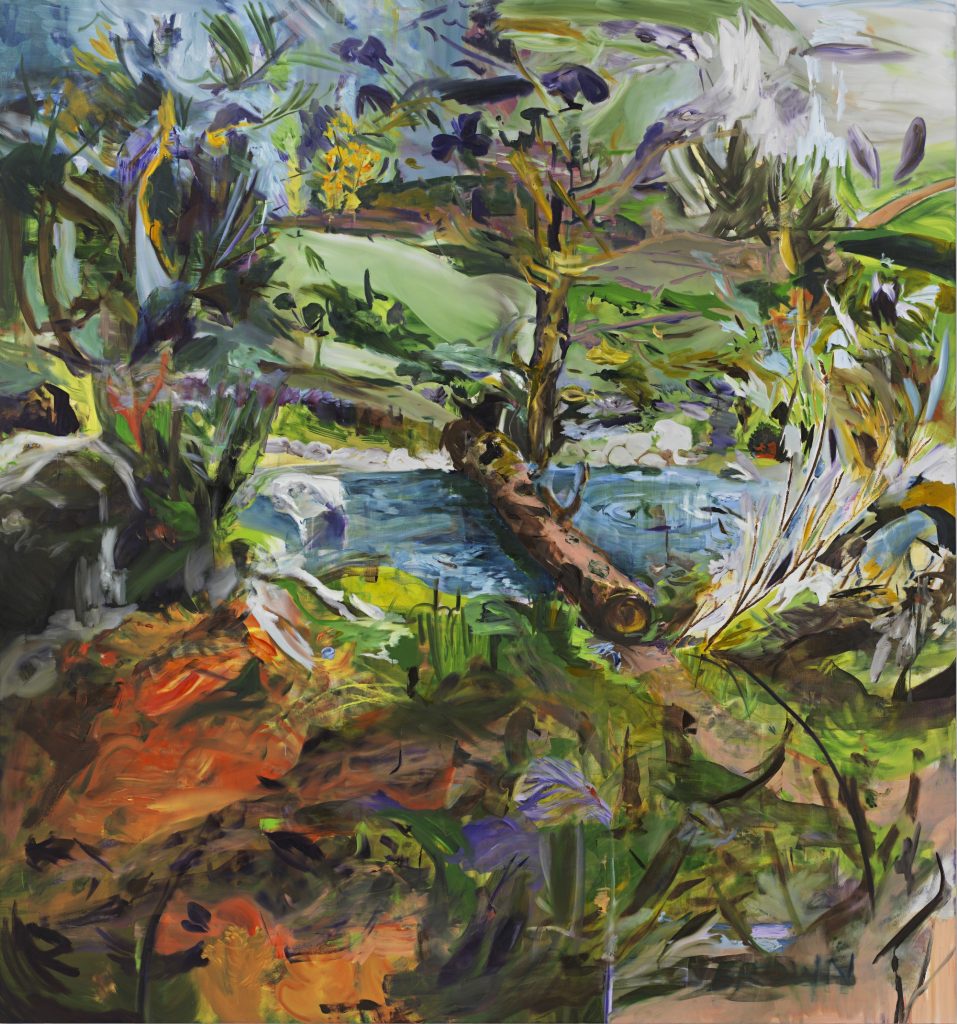 a painting of a log over a stream is very gestural and blurred, blurring the line between figuration and abstraction