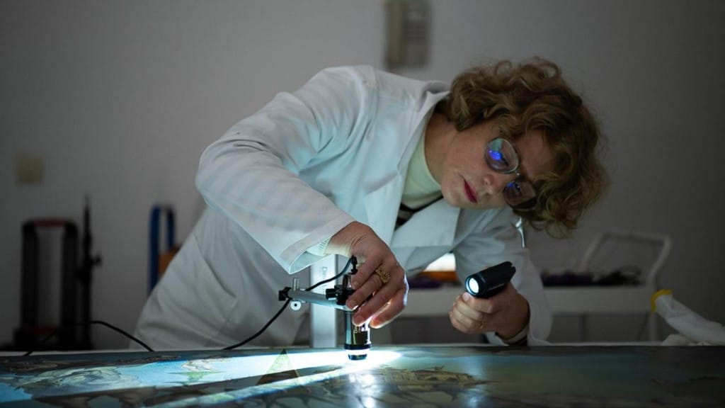 A photographo of a woman in glasses and a white coat shining a light on a painting laid out on a table in a darkened white walled room