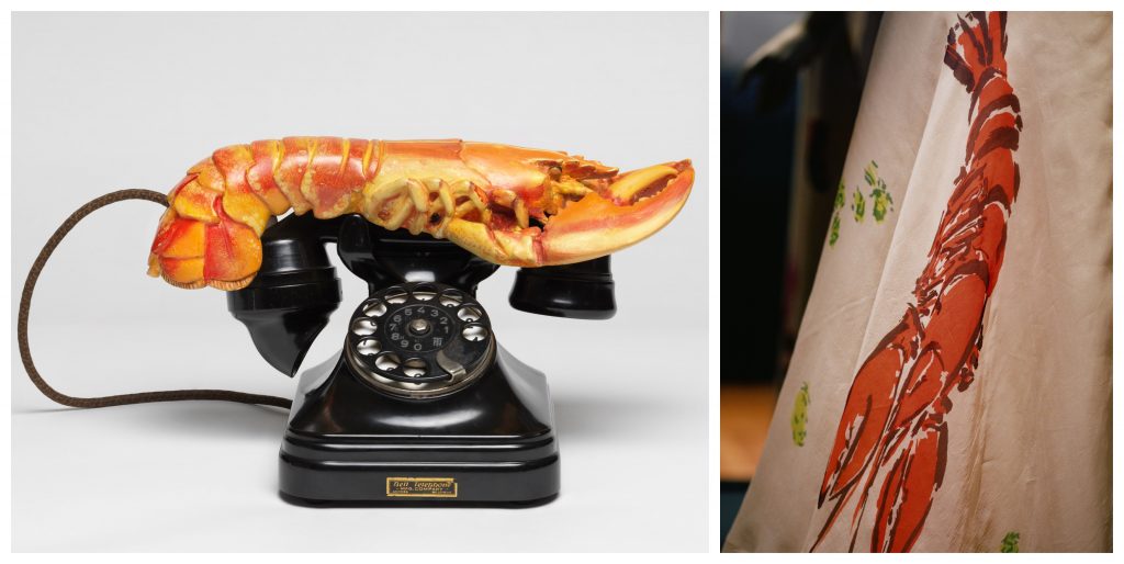 two images side by side, on the left a telephone has a fake lobster sitting on top of the receiver, on the right is a photograph of part of a dress with a lobster on it
