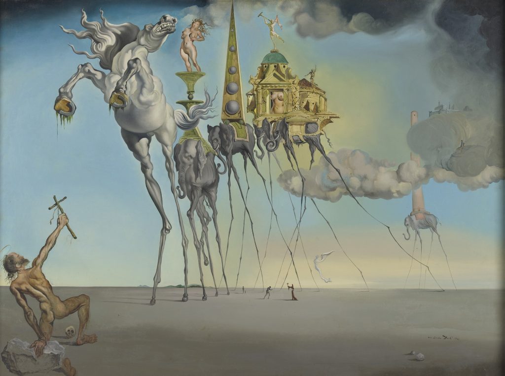 A Salvador Dalí painting depicting three impossibly long-legged animals bearing pleasures marching towards a shirtless man crouched on one in knee in the vast desert, brandishing a cross at them