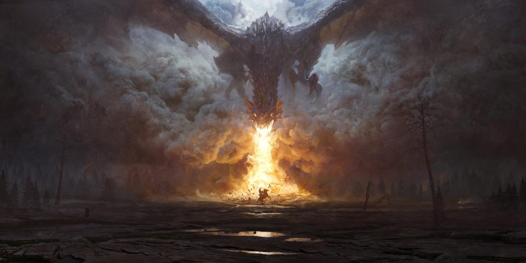 Gigantic dragon unleashing a torrent of fire onto a lone figure below, surrounded by swirling smoke and a scorched, desolate landscape under stormy skies.