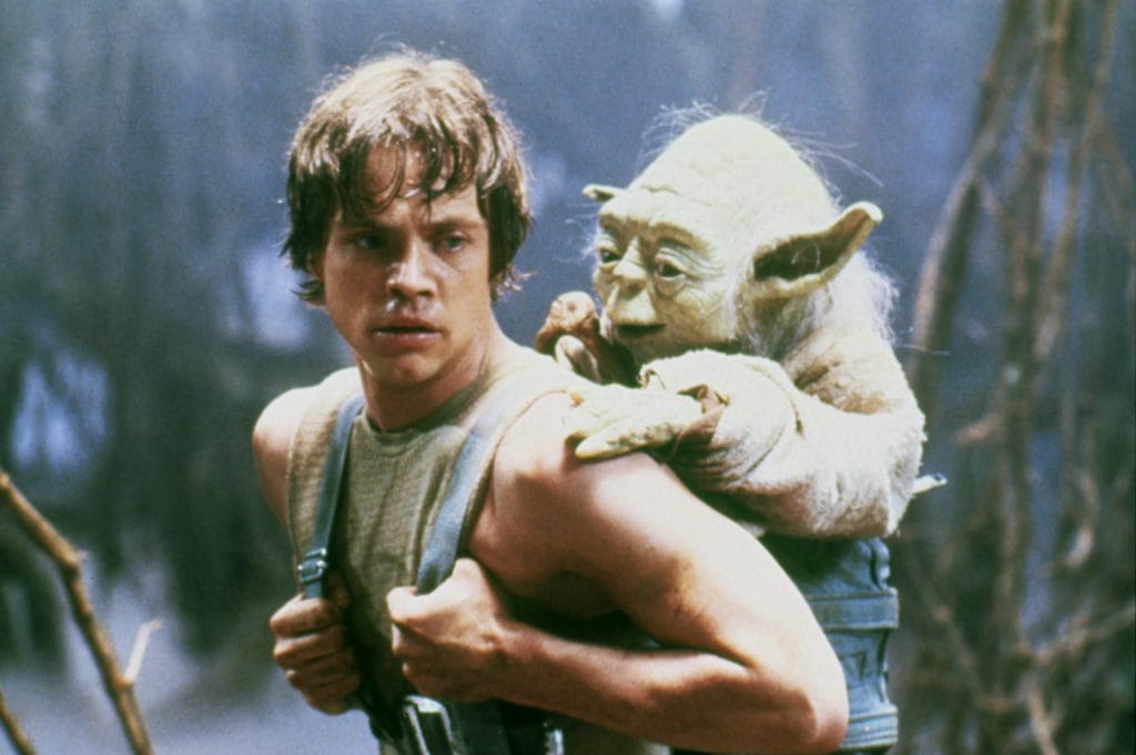 Luke Skywalker trains with Yoda on his back in Dagobah’s misty swamp forest.