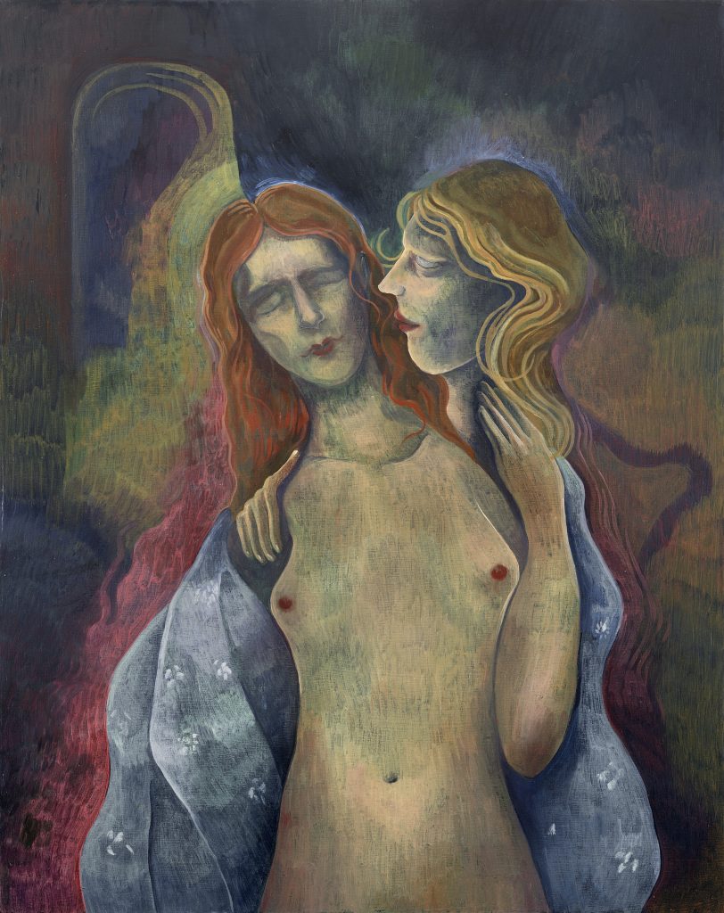 Painting of two entwined nude female figures, one whispering into the other’s ear against a dark, dreamlike background.