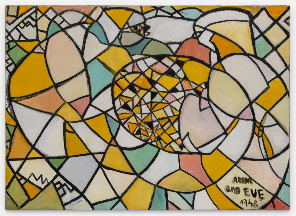 An abstract painting by Fahrelnissa Zeid composed of interlocking geometric shapes outlined in black, filled with soft tones of yellow, cream, pale green, and muted pink. The forms curve and overlap across the canvas, creating a sense of movement and fragmentation, with a denser, circular cluster of smaller shapes near the center. In the lower right corner, a handwritten inscription reads “ADAM and EVE 1948.”