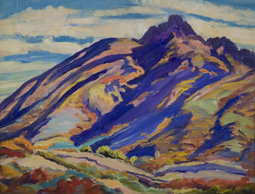 A colorful painting of a mountain rendered in bold, expressive brushstrokes, with vivid purples, blues, and warm tones across the slopes.