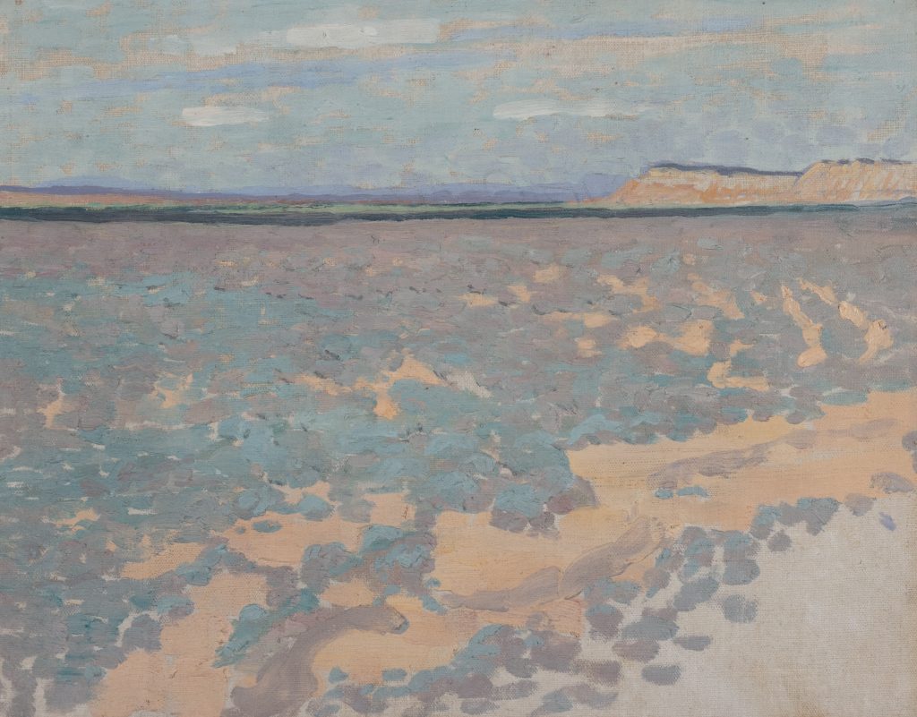 A softly rendered landscape painting with a very restrained, atmospheric palette. It appears to depict an arid or semi-desert environment—possibly the American Southwest or a similar terrain. The low scrub vegetation, sandy ground, and distant plateau or mesa suggest a dry, open landscape.
