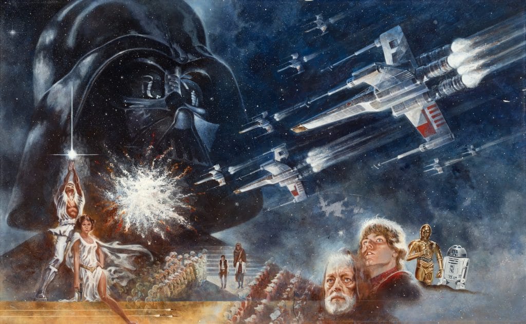 Illustrated Star Wars scene featuring Darth Vader looming over space battles, with Luke Skywalker, Princess Leia, Obi-Wan Kenobi, and spacecraft in a dramatic cosmic montage.