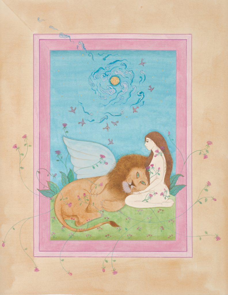 A framed painting of a nude woman seated beside a lion with wings who rests his head in her lap. pink roses cover the scene like an overlay