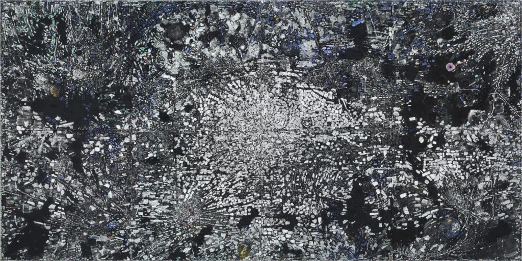 A painting of an abstract cosmic landscape in black, white, and dark blue tones, with radiating patterns of textured brushstrokes and clusters of rectangular marks that resemble shattered glass or a sprawling city seen from above. Bright white fragments burst outward from the center, while hints of green, red, and purple punctuate the dark surface, evoking both celestial and earthly imagery.