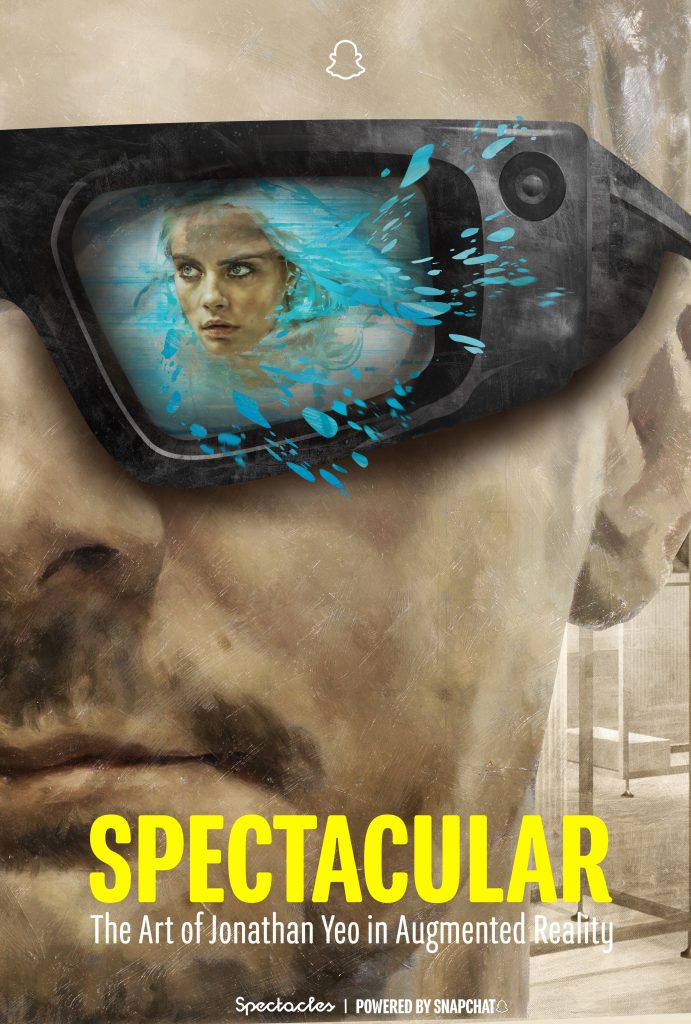 Promotional graphic shows augmented-reality glasses displaying Cara Delevingne portrait for Snapchat Spectacles art experience.