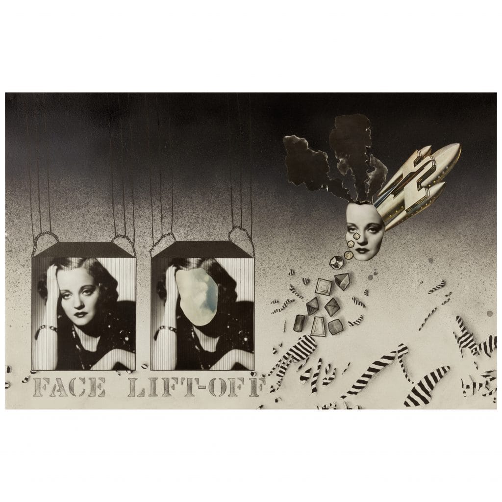 A black and white work of mixed media collage featuring faces with pictures of jewels scattered around them atop a gray gradient