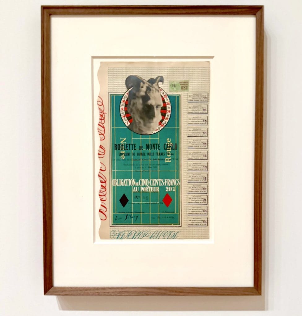 Framed lithograph featuring a green roulette table grid, a photo of Marcel Duchamp with soap-sud horns