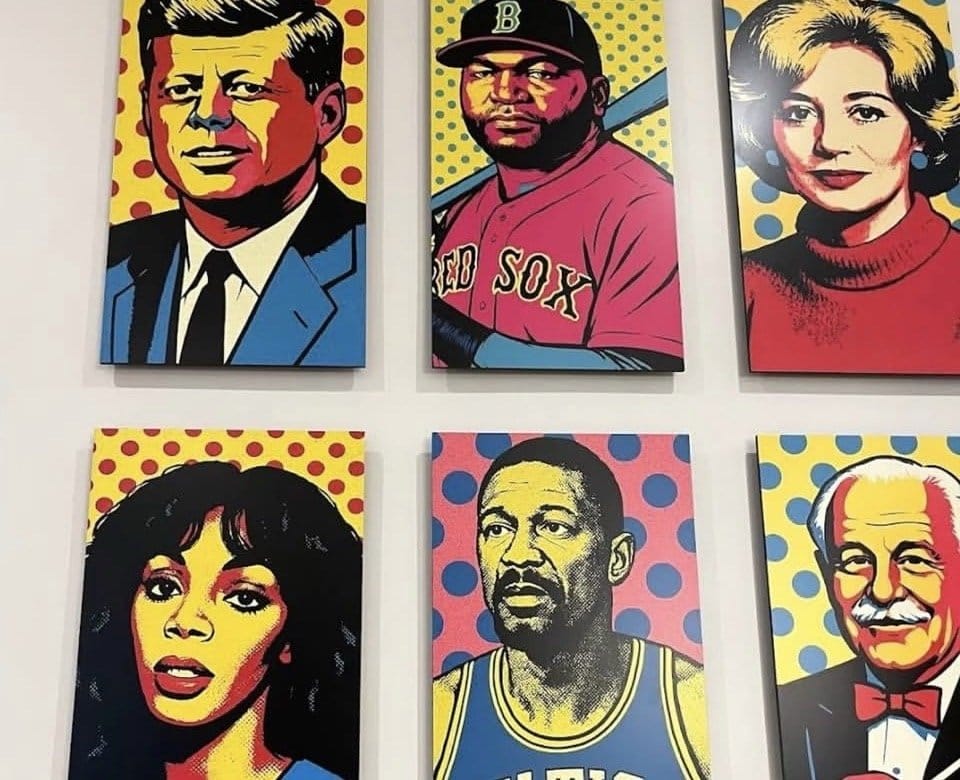 A photo of a close-up wall display of pop-art style portrait paintings arranged in rows, showing adult men and women of different races and ages with stylized facial features, bold outlines, and colorful halftone backgrounds in a gallery-like arrangement.