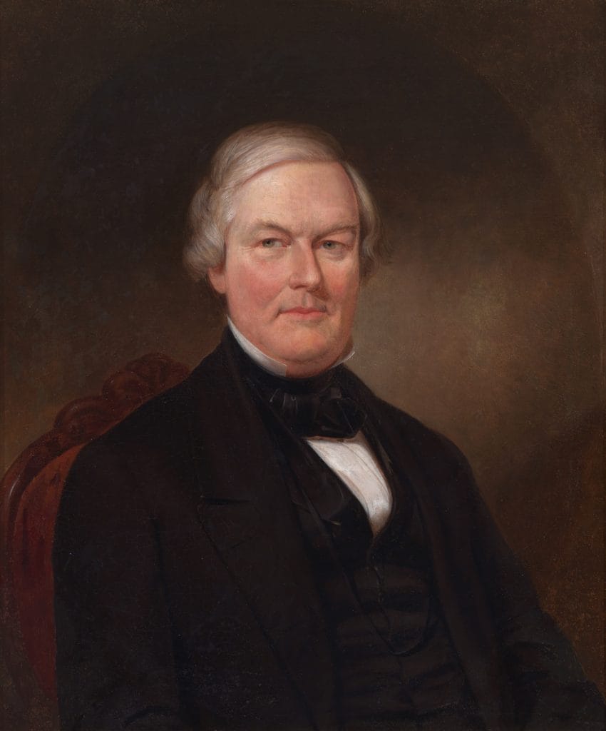 A 19th-century Sarah Miriam Peale portrait of a stern older white man with white hair and rosy cheeks, wearing a black jacket and scarf over a white high collared shirt posing against a dark brown background.