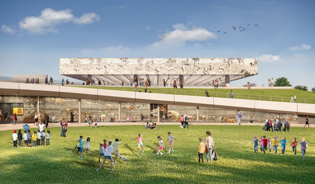 A digital rendering of the Page Museum's forthcoming facade, with a white frieze and a ramp cutting the green hill it's built into