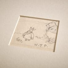 Pencil sketch of a small piglet standing next to a round bear