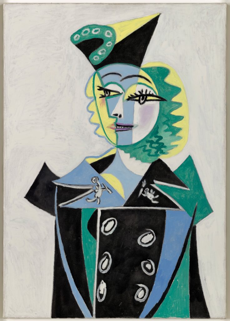 a typically Picasso painting of a woman wearing a dainty hat, the colours are green blue and yellow and black 