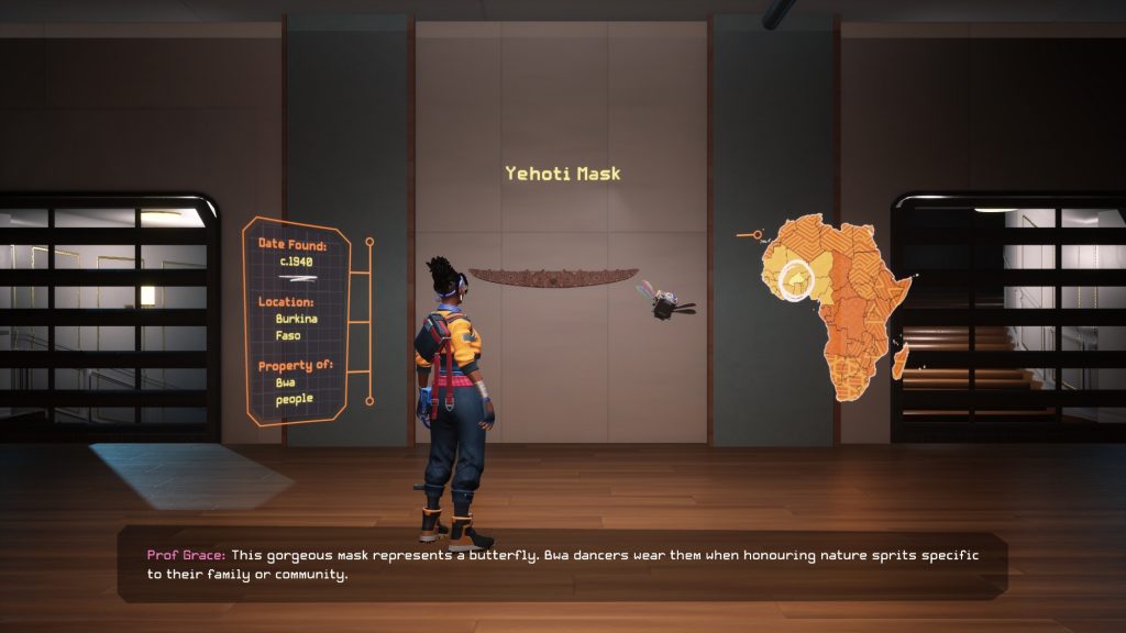 an animated image in which a woman stands facing away from us looking at an artifact, next to her is a floating map of Africa identifying where the object is from