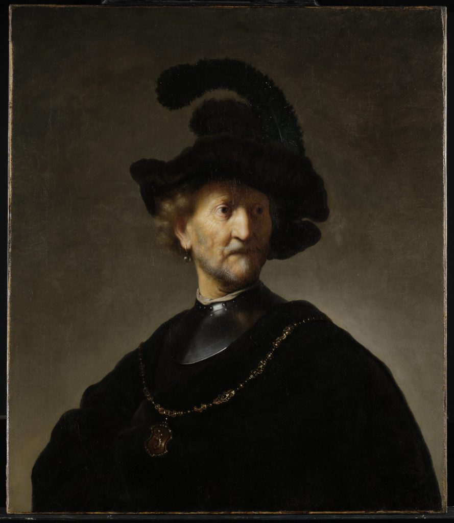 A painting of an old man depicted from the chest up in a black cloak and black hat, with a large golden necklace. He is looking off to the right, against a shaded but plain gray background