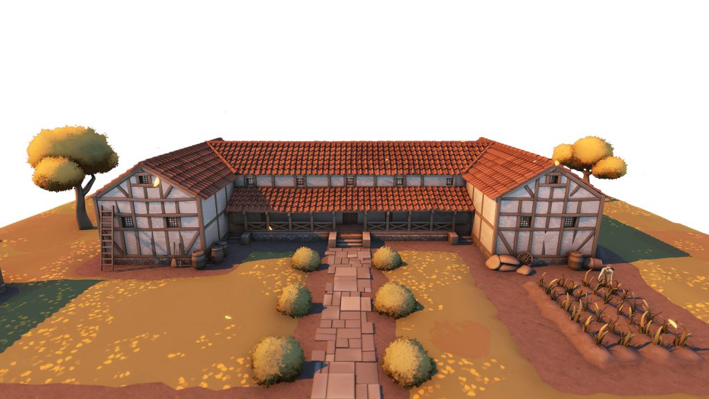 Illustrated Roman villa with tiled roofs, courtyard path, timber walls, surrounding trees, barrels, and small garden plot