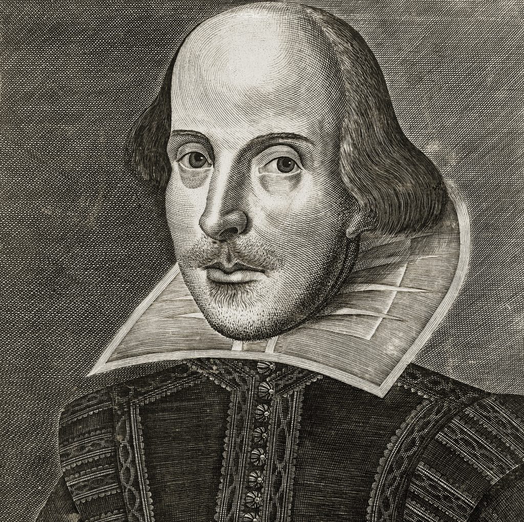 A black-and-white engraving of William Shakespeare, featuring his iconic ruff collar and Elizabethan attire.
