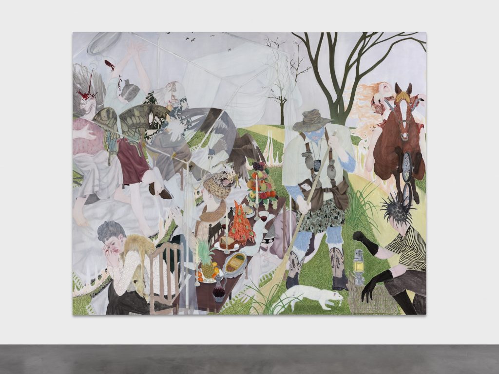Large, surreal painting of figures gathered in a dreamlike outdoor scene with animals, food, and fragmented, overlapping imagery.
