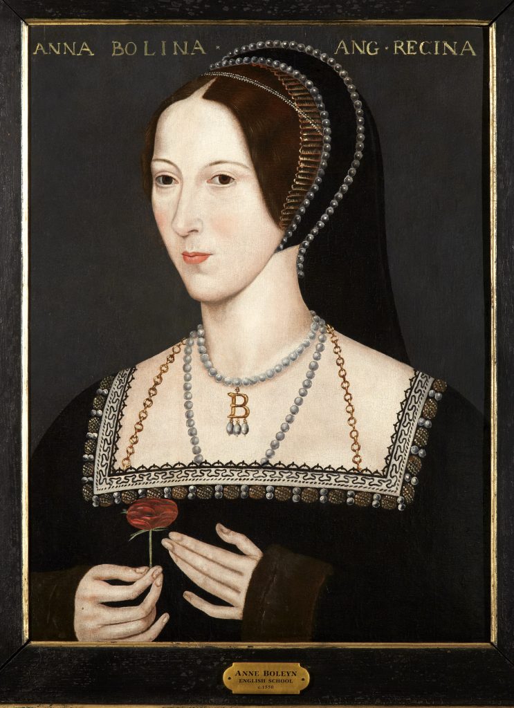 Portrait of Anne Boleyn holding red rose, wearing pearl necklace with B pendant, Tudor attire
