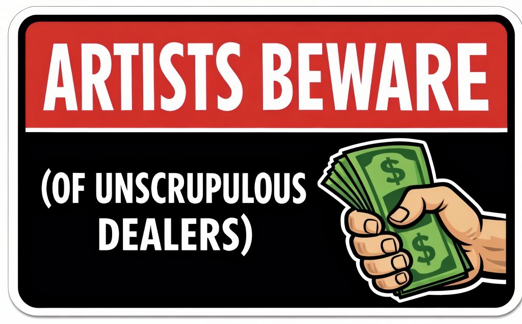 A bold red, black, and white graphic reading “ARTISTS BEWARE (OF UNSCRUPULOUS DEALERS)” with an illustration of a hand holding a stack of dollar bills.