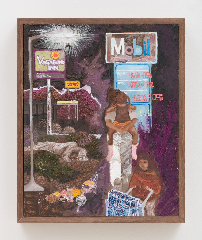 Framed painting of a nighttime roadside scene with a person carrying a child on their shoulders while another child pushes a shopping cart. Behind them are illuminated signs for a Mobil gas station, a Vagabond Inn motel, and a Denny’s restaurant, with mountains in the background. The scene is painted in expressive brushstrokes with deep purples, pinks, and browns.