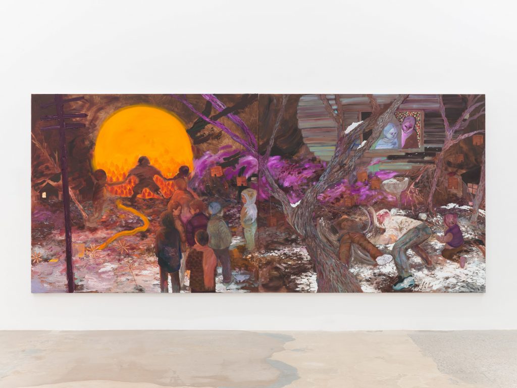 Large panoramic painting by Veronica Fernandez displayed on a gallery wall depicting a surreal nighttime scene with a glowing orange sun on the horizon. Groups of figures stand in a snowy landscape near small houses and trees, while on the right side two figures lie on the ground beneath a tree near a cabin window with people looking out, all rendered in expressive brushstrokes with purple and brown tones.