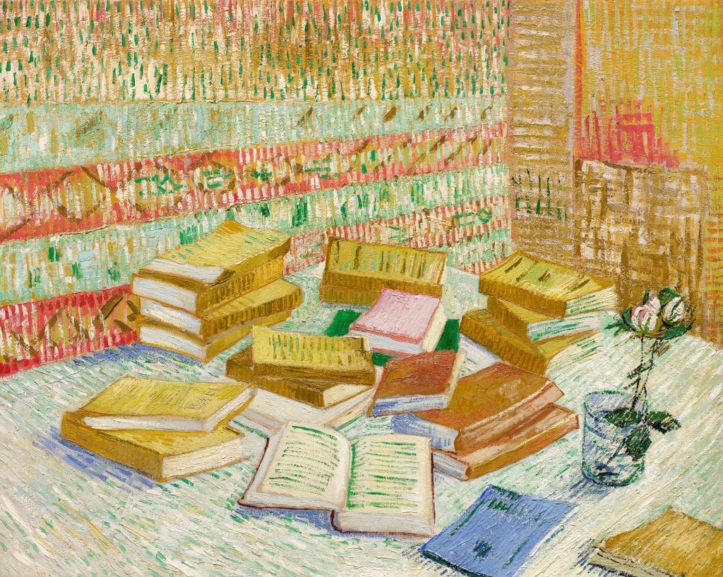 an impressionist painting of books scattered across a table
