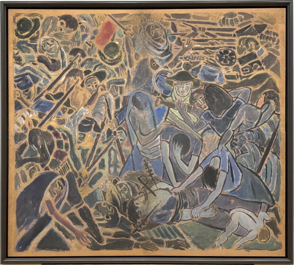  Gemini said A powerful, chaotic mural-style painting by Wifredo Lam titled "The Spanish Civil War." The composition is crowded with distorted, mourning figures and fallen bodies, rendered in somber earth tones, muted blues, and heavy black outlines. In the foreground, a woman grieves over a lifeless body, while other figures brandish tools like sickles or huddle in despair