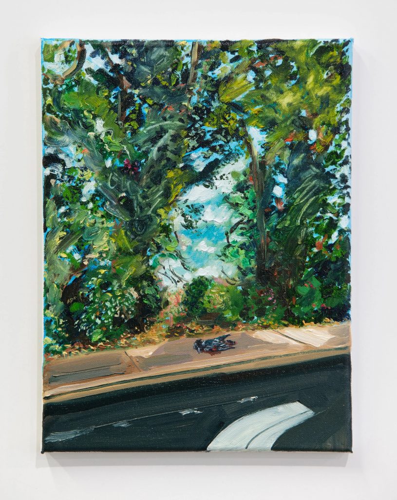 A painting of a lush, dense garden with large green leaves and trees framing a bright blue sky, viewed from a roadside curb where a small dark bird lies on the pavement near the edge of a street.