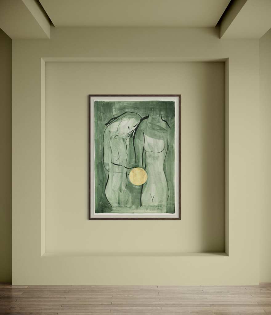 A framed painting hangs centered within a recessed wall niche in a minimalist gallery space with pale green walls and a wooden floor. The artwork features two loosely outlined, nude figures in green tones, standing close together in an intimate pose. A circular golden shape appears near their midsections, contrasting with the soft, painterly background.