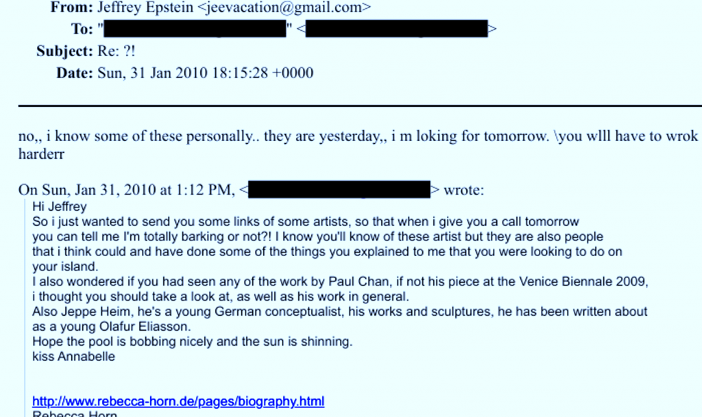 A screenshot of a 2010 email exchange between Jeffrey Epstein and an individual named Annabelle, discussing artist recommendations including Paul Chan, Jeppe Hein, and Rebecca Horn.