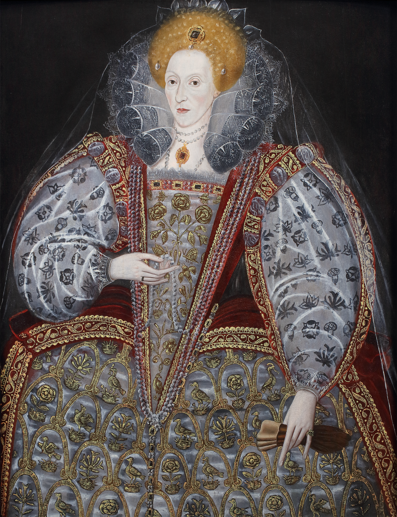 a very sumptuous Tudor portrait of a red haired woman in a large formal dress with ruffs around her head