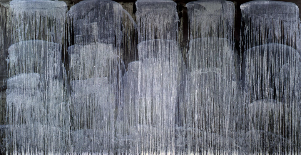 An image of a large, landscape orientation abstract artwork depicting many gushing streaks of white paint on a black background