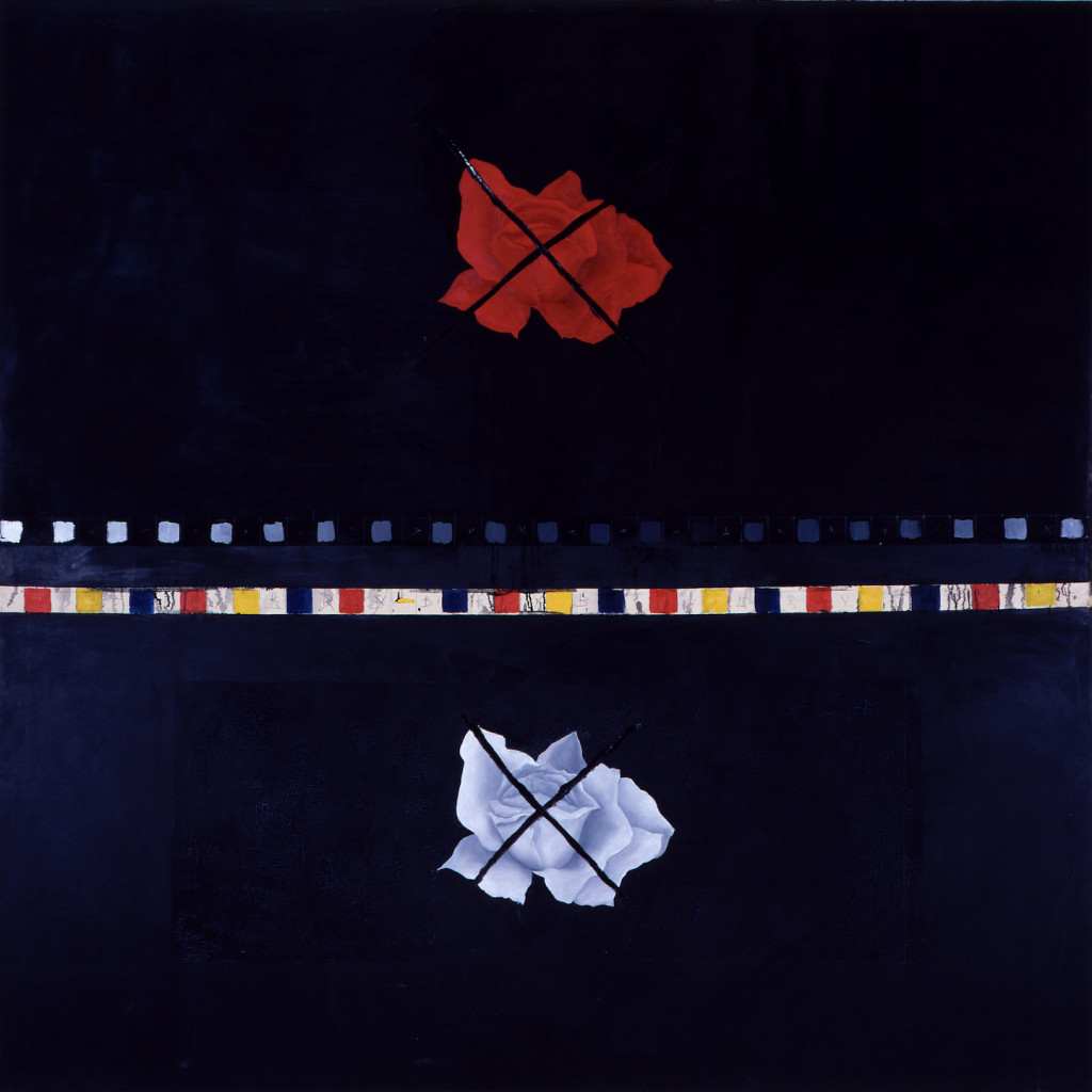 An image of a simple, absract painting featuring one red rose blossom and another lavendar one beneath it, both with x's over them and two thin, differently-patterned lines separating them, all on a flat dark black background